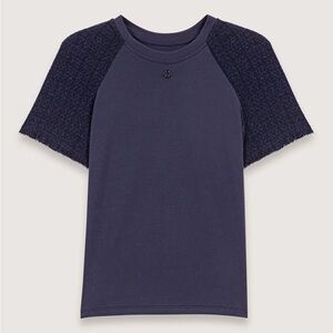 NWT Maje Navy T-shirt w/ Navy Metallic Tweed Sleeves—w tiny pin hole